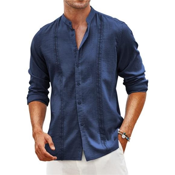 Men's Linen Casual Long Sleeve Button Down Shirt Summer Beach Tops, Navy Blue